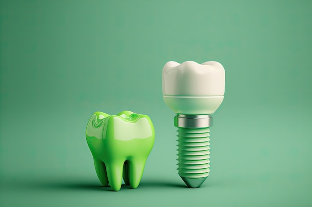 Tandheelkundig implantaat en tand geïsoleerd op een groene achtergrond