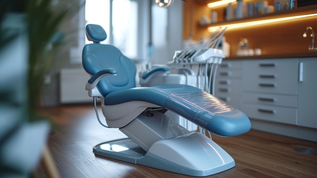 Tandheelkundige stoel in een moderne tandheelkundig kantoor 3D-rendering illustratie Generatieve AI
