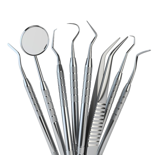 Tandhulpmiddelen die voor tanden tandzorg worden geplaatst die op wit wordt geïsoleerd Stomatologieconcept