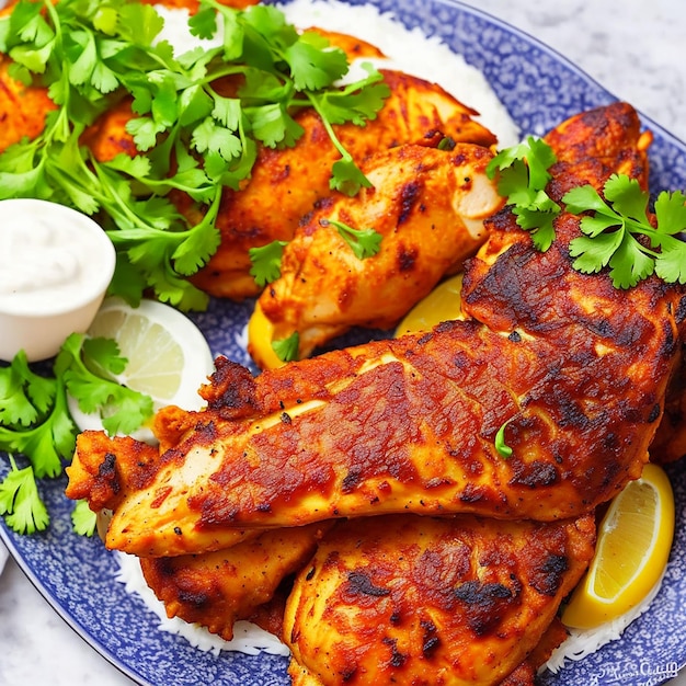 Tandoori chicken is a chicken dish prepared by roasting chicken marinated in yogurt and spices in a