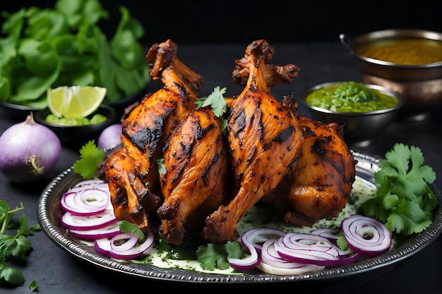 Tandoori Chicken Is A Chicken Dish With Onion And Green Chutney