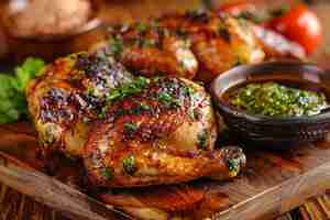 Photo tandoori chicken served with a side of argentine style chimichurri sauce