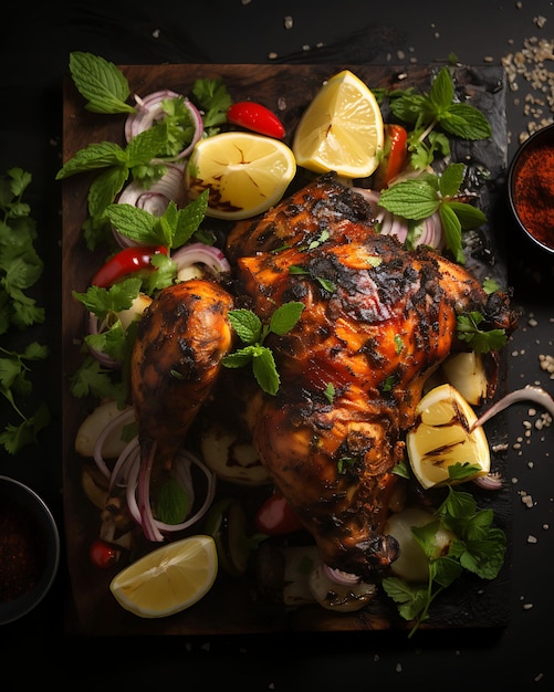 Tandoori Chicken With Mint Leaves Clay Oven Decoration Smoky India Culinary Culture Layout Website
