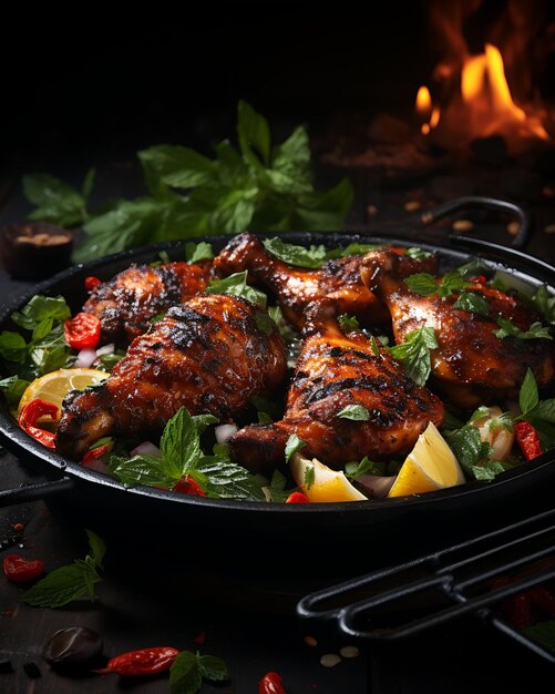 Photo tandoori chicken with mint leaves clay oven decoration smoky india culinary culture layout website