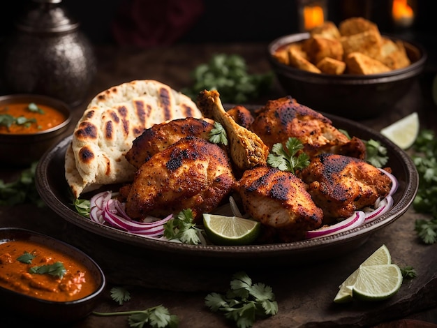 Tandoori Kip Gepresenteerd op een schaal met naanbrood en chutney