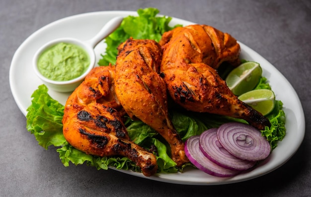 Tandoori kip is een kipschotel bereid door kip te roosteren gemarineerd in yoghurt en kruiden in een tandoor of een klei-oven, geserveerd met ui en groene chutney