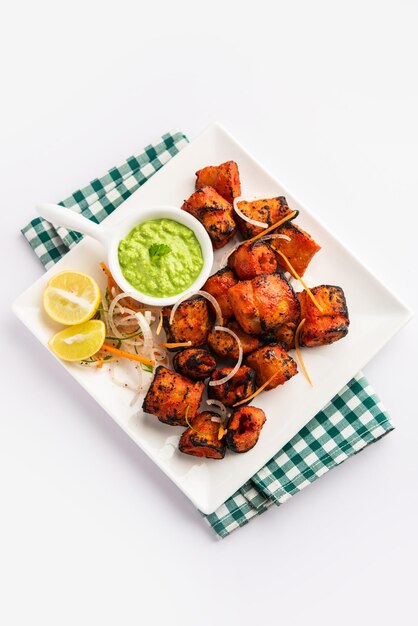 Tandoori Soya Chaap or soy chap dish prepared by marinating in tandoori spices closeup view