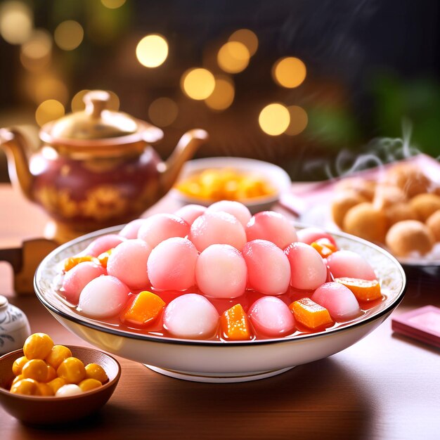 Photo tang yuan glutinousrice balls in sweet syrup chinese new year food background in restaurant image