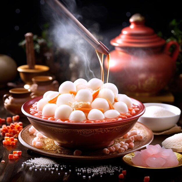 Photo tang yuan glutinousrice balls in sweet syrup chinese new year food background in restaurant image