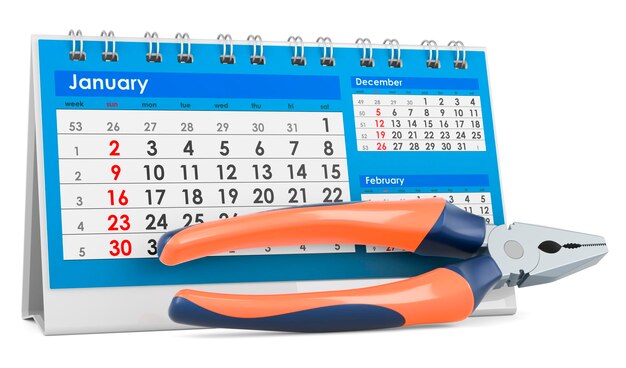 Tangen met bureaukalender 3D-rendering geïsoleerd op een witte achtergrond