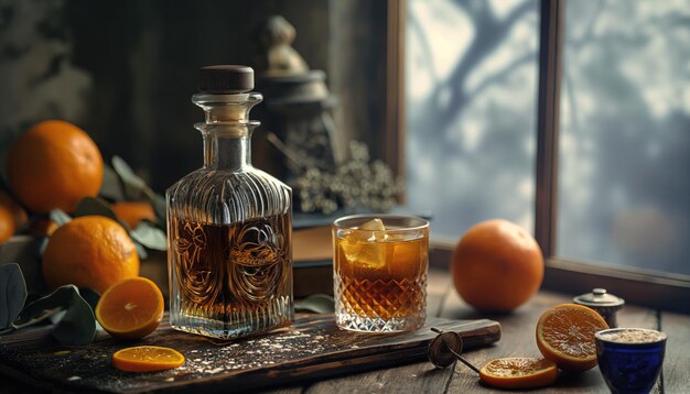 Tangerine brandy with ice in a glass on a wooden table