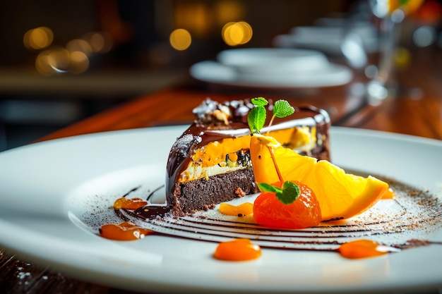 Foto tangerine dessert al cioccolato un'idea per un menu di gastronomia molecolare in un ristorante inaspettato