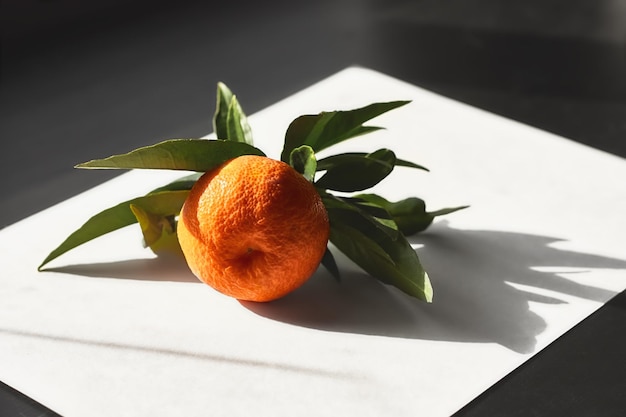 写真 黒と白の背景に緑の葉を持つみかんまたはオレンジ色のクレメンタインの柑橘系の果物