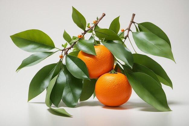 Tangerine orange on branch with leaves isolated on white background