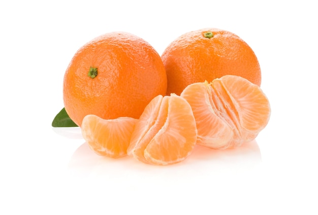 Tangerine orange fruit and slices isolated on white background