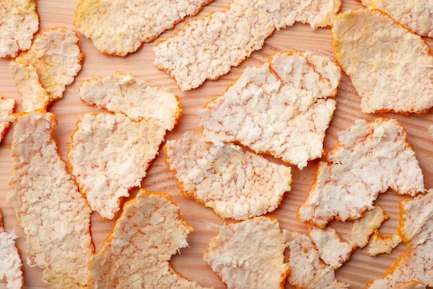 Tangerine peel on wooden table drying tangerine peel for adding to tea