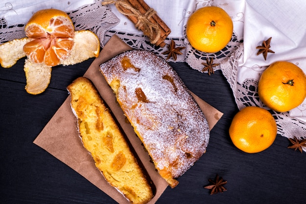 Tangerine pie sprinkled with powdered sugar 