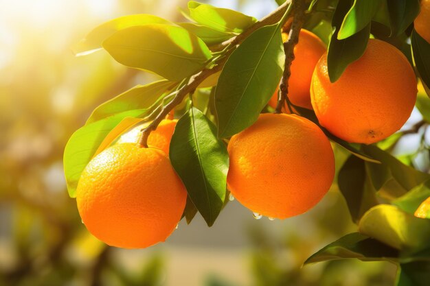 Tangerine sunny garden with green leaves and ripe fruits