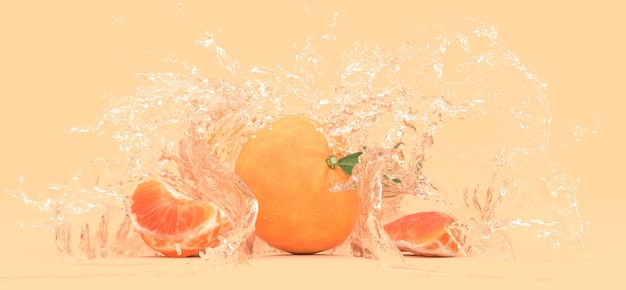 Tangerine on a yellow background in splashes of water, 3d illustration