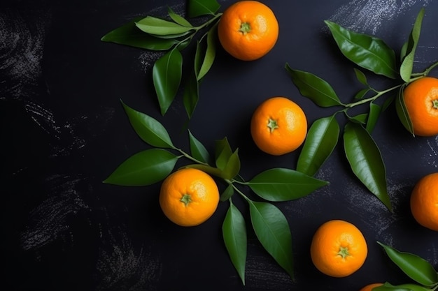 Tangerines black background Leaf fresh Generate Ai