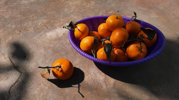 Mandarini agrumi in cesto viola su fondo in cemento a vista 04