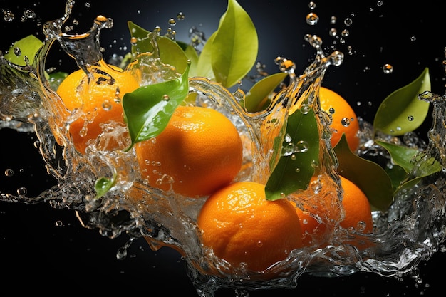 Photo tangerines oranges in splashes of water on a dark background generative ai