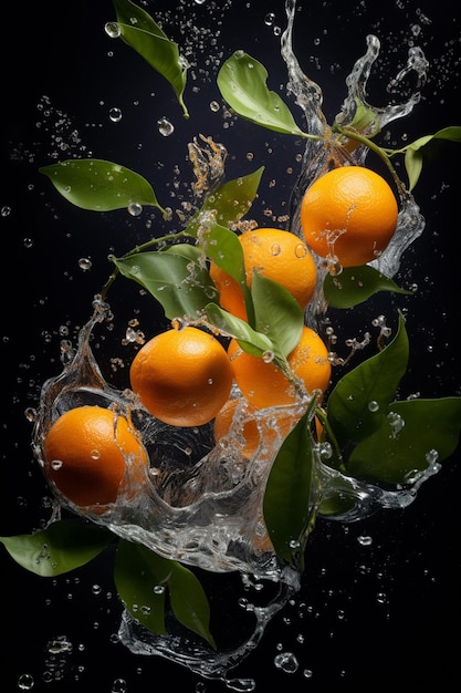 Tangerines and oranges with leaves in splashes of water on a black background Generative AI