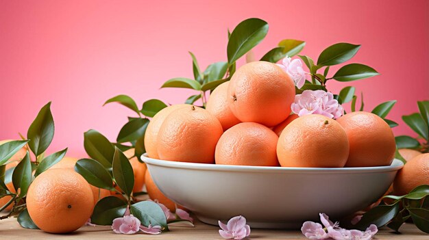 Photo tangerines in plate on pink table