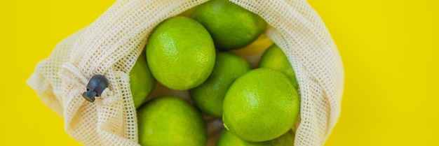 Tangerines in a reusable bag zero waste concept banner long format