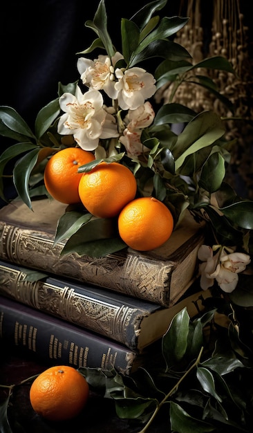 Tangerines with branch of jasmine and old books