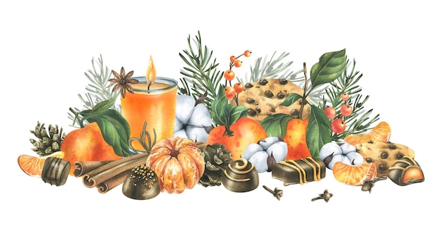 Tangerines with cotton pine branches and cones sweets candle and spices Watercolor illustration hand drawn for Christmas decor Isolated composition on white background