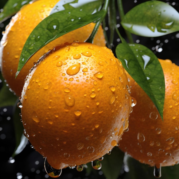 Tangerines with drops of water on a dark background Closeup