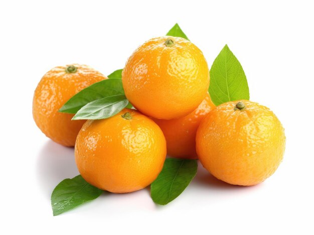 Tangerines with green leaves isolated on white background