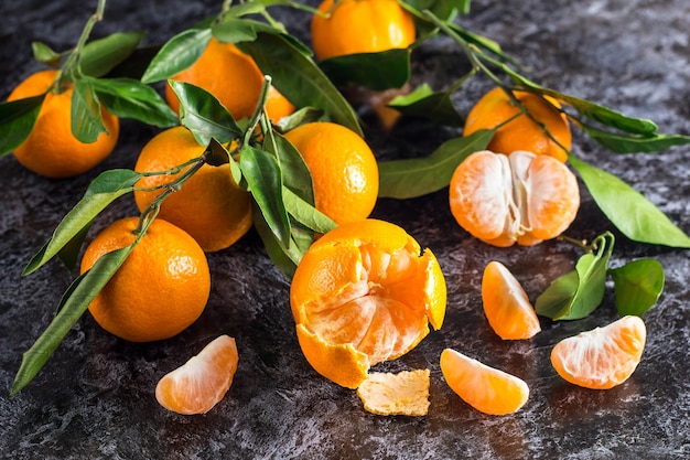 Tangerines with green leaves