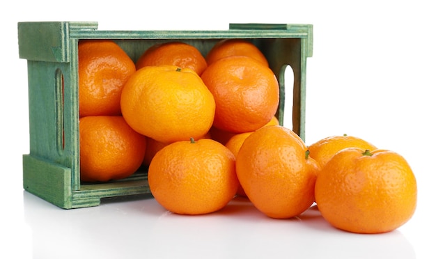 Tangerines in wooden box isolated on white
