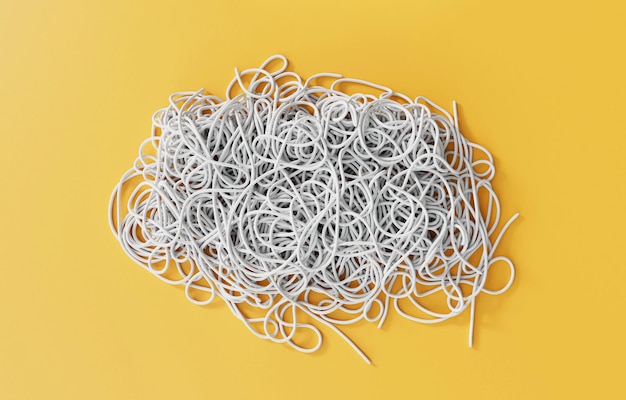 A tangled pile of string or wire Confusion and thought process concept 3D Rendering