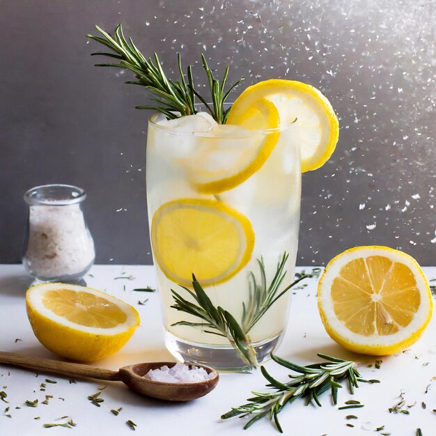 Tangy Citrus Refresher Lemonade with Rosemary and Salt on White Background