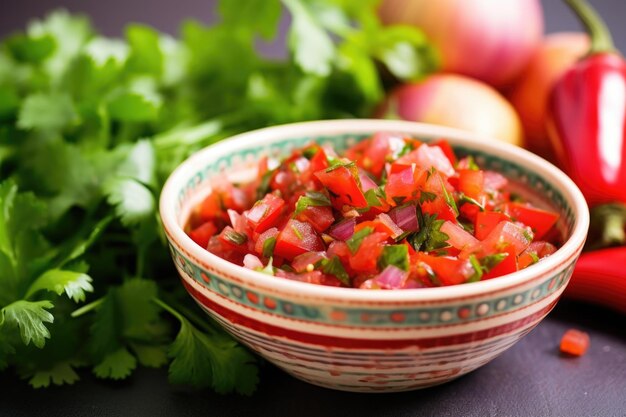 Tangy salsa centered in the middle of a bowl