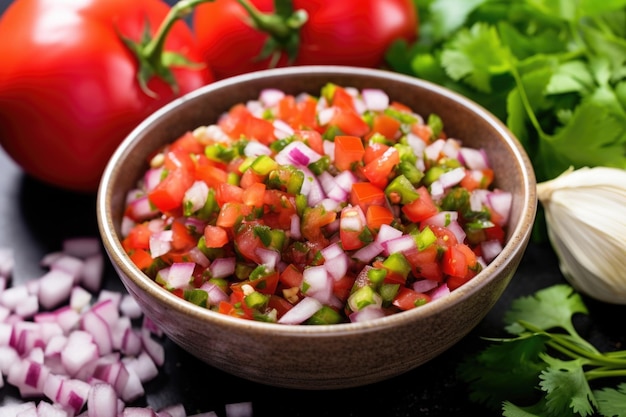 Tangy salsa centered in the middle of a bowl