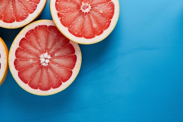 Photo tangy slices a ripe grapefruit on a serene blue surface