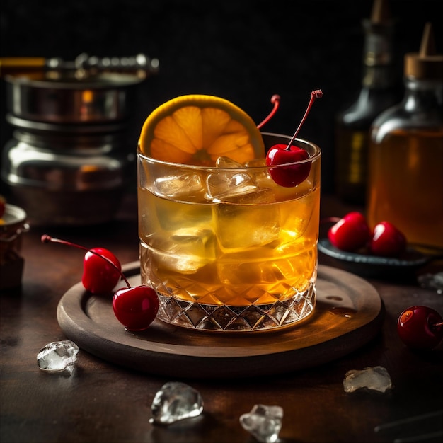 지 위스키 (Tangy Whiskey) 는 버번 라이 (Bourbon Rye) 와 위스키, 레몬 주스, 시럽, 체리 (Cherry) 와 인공지능 (AI) 으로 만든 테일이다.