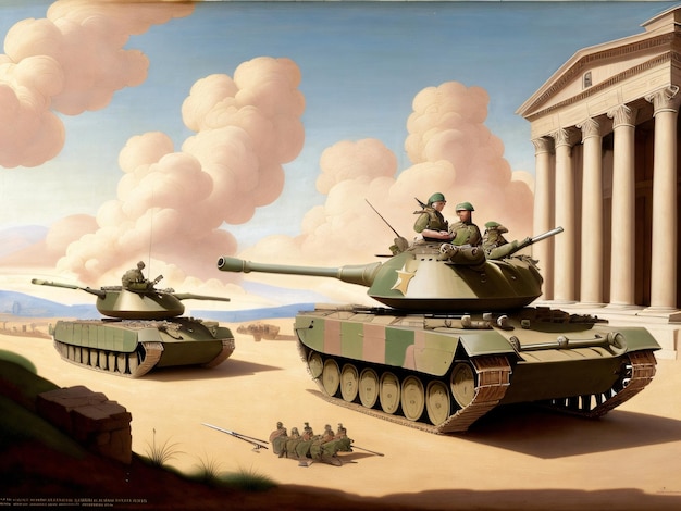 Tank army soldier battlefield cartoon illustration Generative AI