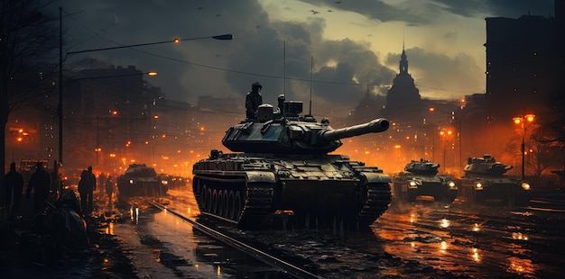 Tank battle on the streets of the ruined city