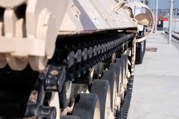 Tank caterpillar. Military. Old military equipment of the USSR and Russia.