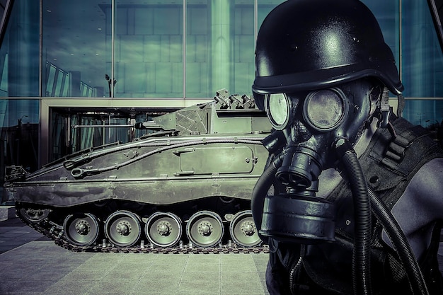 Tank, defense of building, protecting a business man with gas\
mask