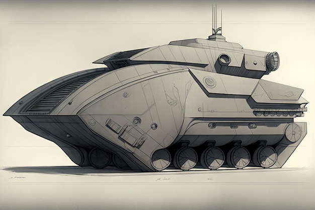 Tank design with futuristic technology and sleek aerodynamic design in pencil sketch