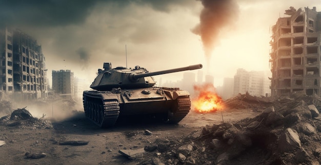 A tank in a destroyed city with the words tank on the tank.