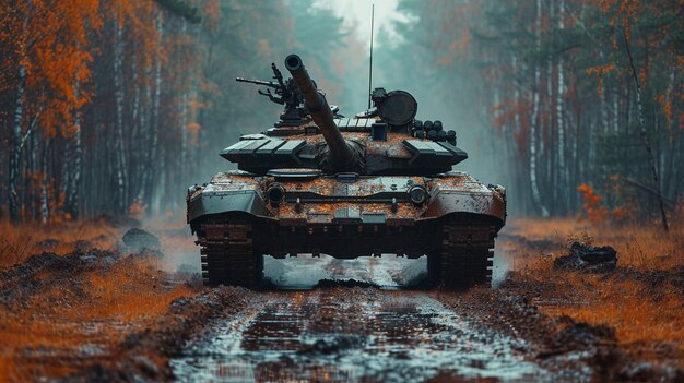 Photo tank driving through forest filled with trees