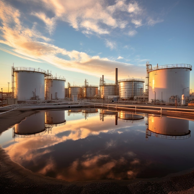 Tank farm with rows of oil storage tanks