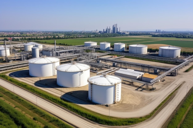 Tank farm with rows of oil storage tanks